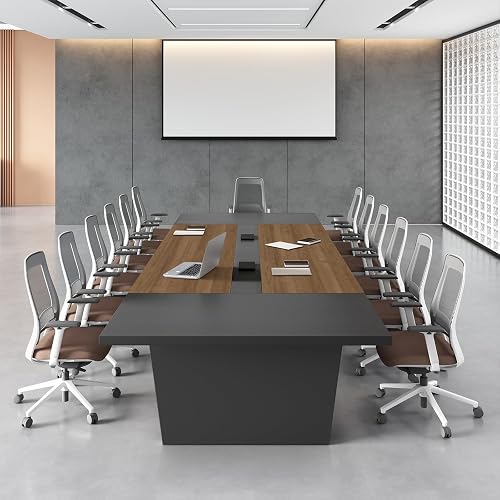 10FT Conference Table for 10-12 People, Modern Boardroom Meeting Table with Built-in Power Outlets & USB Ports, 2" Thick Tabletop & Heavy-Duty Base (Walnut & Gray, 118" W x 51" D x 30" H)