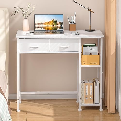 DAOUTIME White Computer Desk, 36 Inch Small Desk with Drawers, Home Office Desk with Storage Shelves for Bedroom, Living Room, Dorm, Vanity Desk for Small Spaces, White