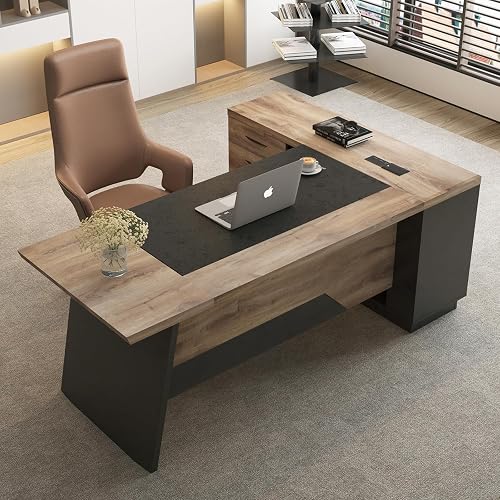 GT BLACK TURNSTONE L Shape Executive Desk, Large Office Desk with Drawers & Shelves, 78.74 Inches Industrial Wooden Desk with Storage, Modern Computer Desk for Home Office, Black and Wood, Left Side