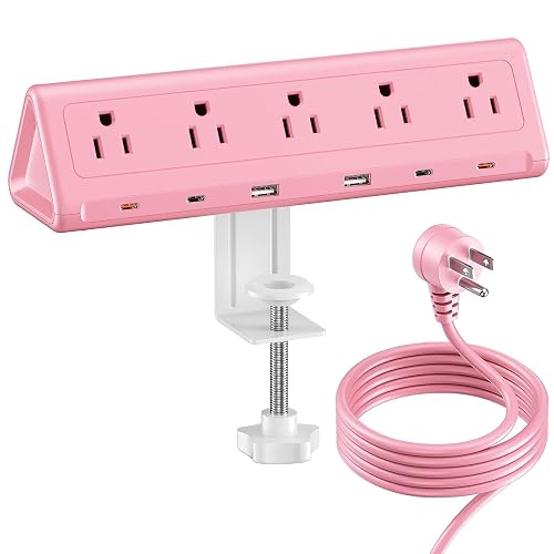 SMALLRT Pink Desk Clamp Power Strip with 6.5 FT Extension Cord, PD 40W USB-C Fast Charging Ports, 5 AC Outlets 4 USB-C 2 USB-A, Fits 2.1 inch Table Edges