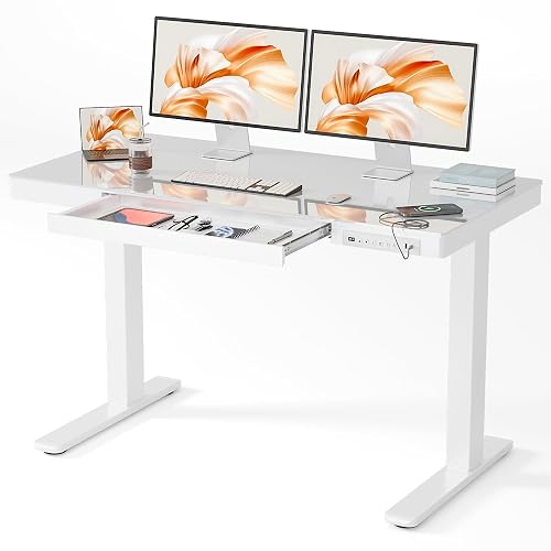 Realbear Electric Standing Desk, One-Piece Glass Top, 40 X 24 Inch, White | Height Adjustable, 3 Memory Presets, Built-in Drawers, USB Charging Ports, Easy Assembly, 180lbs Capacity, for Home Office