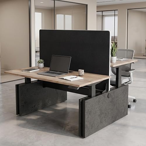 SAINTCY Two-Person Standing Office Desk with Built-in USB Outlet, Double Adjustable Computer Cubicle Desk, Staff Workstation with Privacy Panel & Wire Grommet, for Home/Office (Mahogany,2 Person)