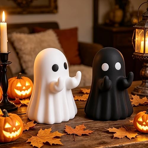 Frekkoy 2pcs Halloween Ghost Figurines, Cute Ghost Halloween Decorations for Tabletop Shelf Mantel Desk, Spooky Fun Holiday Decoration for Home Office Indoor Party