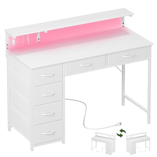 Somdot Computer Desk with Power Outlet and LED Lights, Desk with 6 Drawers | Desk with 6 Drawers, Kids Desk with Monitor Stand for Gaming Home Office Writing Study, Metal Frame, Easy to Assemble, White