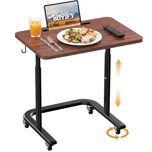 BUYIFY Height Adjustable TV Tray Table with Wheels for Couch or Sofa | Rolling TV dinner tray for eating on couch,bed,or recliner;height adjustable laptop desk for meals,snacks,and work Brown