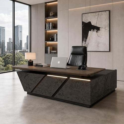 SAINTCY 78.7" L-Shaped Executive Standing Desk, Left Return | Spacious Height-adjustable Workspace with Integrated Storage, Built-in Power and LED Lighting for Modern Executive Offices