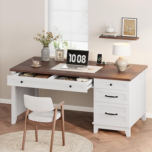 SLEKVERSA 53.5" Executive Desk with Power Outlet, Home Office Desk with Drawers, Wooden Work Desk with File Cabinet, Computer Desk for Work, Study, Writing, White and Brown