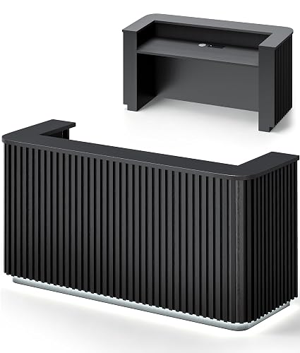 Large Modern Reception Desk, 70.9" Commercial Front Desk Counter with Built-in Power Outlets, LED Lighting and Fluted Design, Fully Assembled Reception Counter for Office, Salon, Retail Store, Black