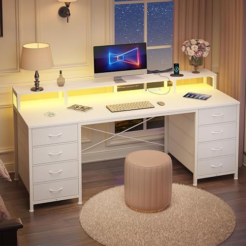 60" Computer Desk with 8 Drawers & Monitor Stand for Home Office, Bedroom | Gaming Desk with LED Lights & Power Outlets, Home Office Desk with 8 Fabric Drawers, White