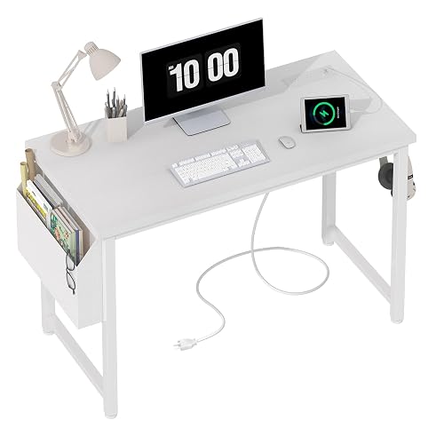 Lufeiya White Computer Desk with Power Outlet, 40 inch Simple Teen Study Table Home Office Work Writing Desks with Charging Station Outlets USB Port Built in, Storage Pocket，White