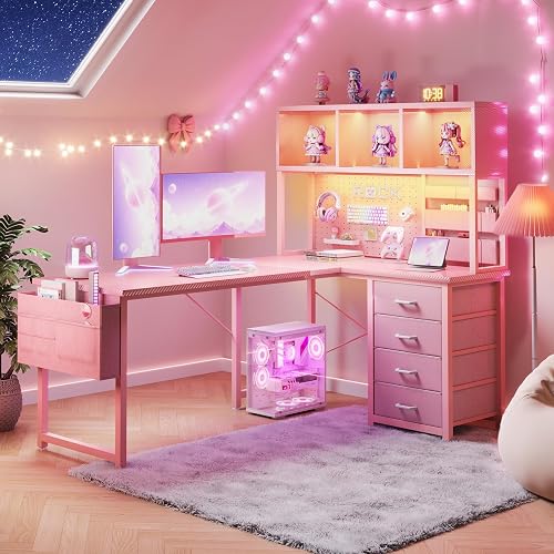 AODK 53" L Shaped Gaming Desk with Pegboard, Hutch & 4 Drawers, Pink | Reversible computer desk with LED. Gaming table with 4 fabric drawers & bag. Home office & craft. Carbon fiber.