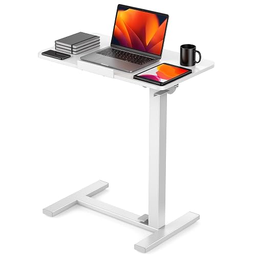 DUMOS Overbed Table with Wheels, Height-Adjustable Bedside Table, White | Rolling standing desk with Pneumatic Lift, Portable mobile desk for Bed, Couch, Office, Sofa