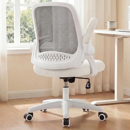 NEO CHAIR Office Desk Chair, Ergonomic Mesh with Flip-Up Armrests, Ivory | Lumbar Support, Height Adjustment, 360° Swivel and Rolling Base, Space-Saving Design for Home Office, Vanity or Study
