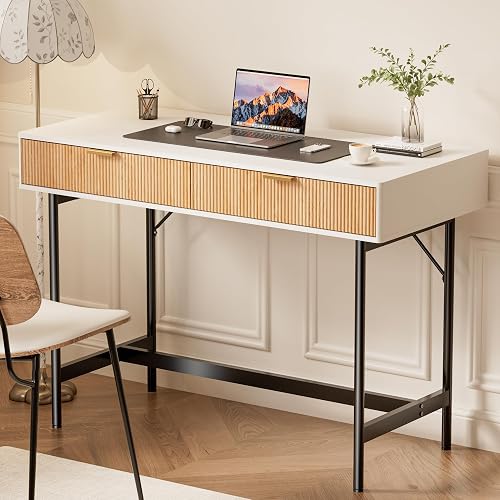 INNOD 45 Inch White Desk with Drawers, Small Writing Desks for Bedroom, Fluted Cute Desk with Storage for Vanity, Wood Computer Table for Living Room Small Spaces Home Office Study