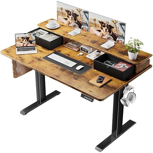 Veken 47x28 in Electric Standing Desk with Drawers, Adjustable Table, Brown | Stand up Computer Desk for Home Office, Work & Study, with Storage, 3 Memory Presets, Cable Organizer, Hook, and Quiet Lift.