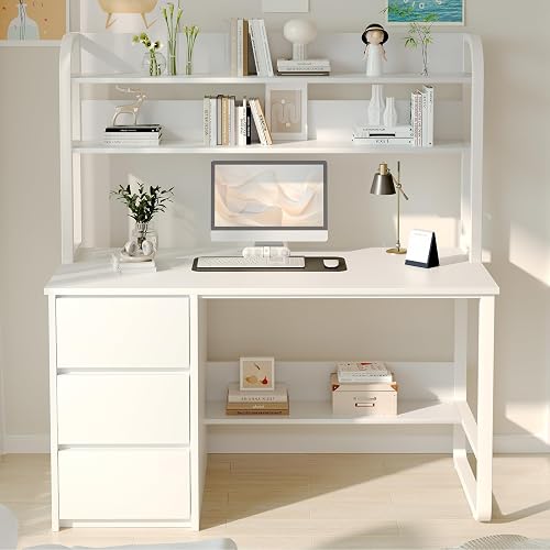 MaverickFurni White Desk with Hutch, 47 Inch Computer Desk with 3 Drawers for Bedroom, Study Writing Desk with Shelves for Small Spaces, Adjustable Feet