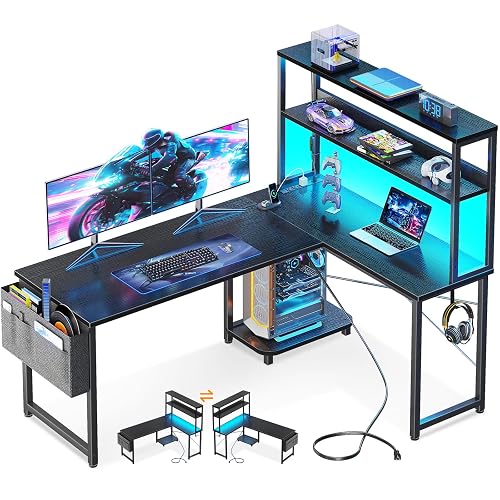 Casaottima L Shaped Gaming Desk with Hutch & Power Outlet & LED Lights | 53 Inch Black Reversible L Shaped Computer Desk with Shelves & Storage Bag, Corner Desk for Home Office
