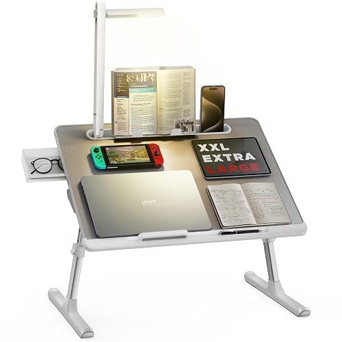 Laptop Bed Tray Desk with LED Desk Lamp, SAIJI Laptop Stand for Bed | XX-Large PVC Leather Foldable Table with Book Stand, Wrist Rest, Extra Leg Room for Sofa Couch Floor (Gray)