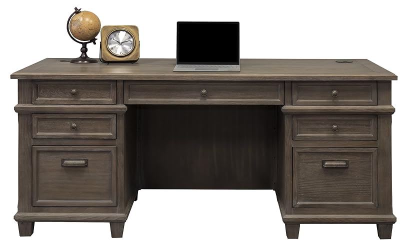 Martin Furniture Carson Wood Gray Executive Office Desk, Double Pedestal Workstation, Home Office, Study Furniture, Large and Sturdy Surface, Executive Wooden Table