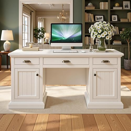 Jocisland 68" Executive Desk for Home Office & Study, Pure White | Fluted Finish,Storage 3 Drawers and 2 Cabinets,Spacious Desktop 68" x 27"