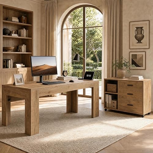 Tribesigns L Shaped Executive Office Desk with Drawers, Light Brown | Large Office Desk with Rolling File Cabinet Combo,Home Office Computer Desk,Wooden Desk with Long Front Baffle