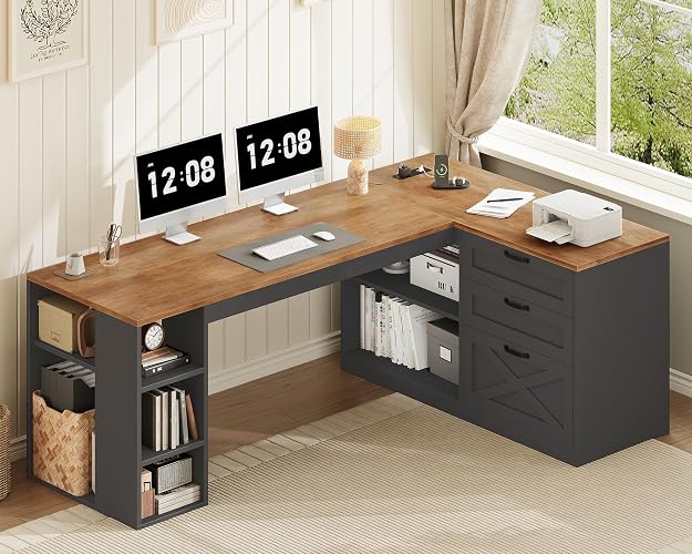 Farmhouse L Shaped Computer Desk with Drawers, Power Outlet for Home Office | Computer Desk with Power Outlet, Home Office Desk with File Drawer and Shelves, Brown and Black
