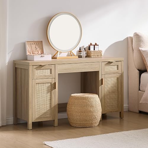SICOTAS 52" Rattan Vanity Desk with 3 Drawers & 2 Cabinets, Vanity Table | Large Boho Farmhouse Makeup Dressing Table, Wooden Home Office Desk for Bedroom, Office, Living Room, Dining Room