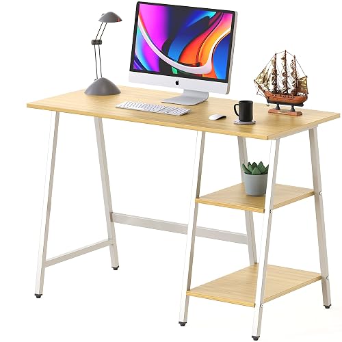 SHW 43-Inch Trestle Computer Desk with Open Storage Shelves, Oak | w/ Adjustable Glides