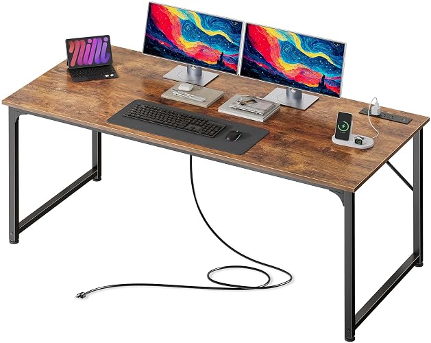PRAISUN 54 X 24 Inch Deep Computer Desk with Power Outlets | Large Home Office Desk for Bedroom, Gaming Writing Work from Home Study Desk, Stable Metal Frame, Rustic Brown