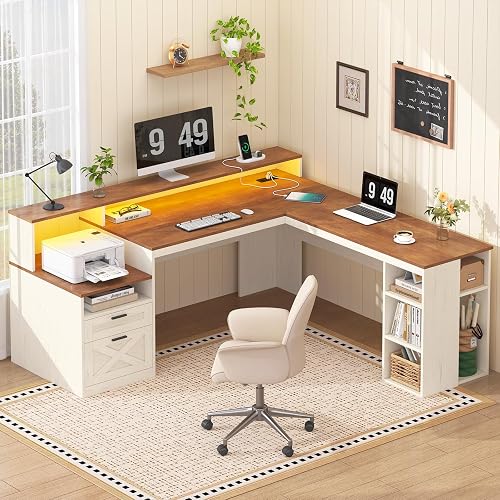 63" Farmhouse L Shaped Desk with Drawers & Storage Shelves for Home Office | Corner Desk with Outlets & LED Lights, L Shaped Office Desks with File Drawer, Printer Shelf, Monitor Stand, Antique White