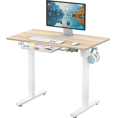 SHW 40-Inch Electric Height Adjustable Standing Desk w/Drawer, Maple | w/ Memory Presets and Cable Management | Drawer with adjustable compartments | Hanging Hooks