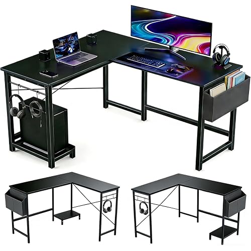 SageNest L Shaped Desk, 50 Inch Reversible Computer Desk with CPU Stand | Storage Bag, Side Hook, Black Corner Gaming Table, Sturdy Metal Frame, PC Workstation for Home Office