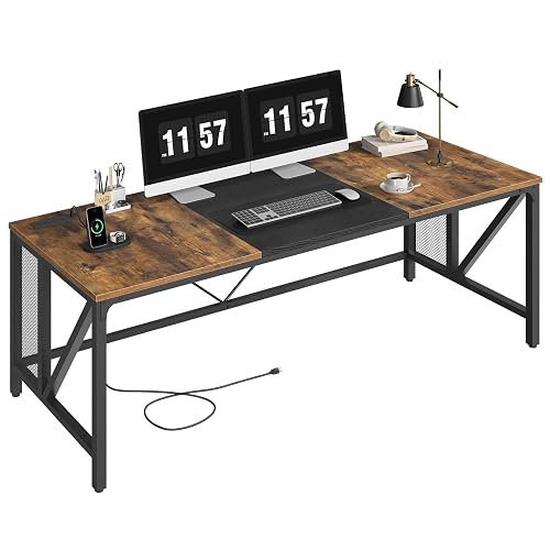 YATINEY 70.9" Computer Desk with Power Outlets, Gaming Desk, Large Office Executive Desk Workstation, Business Furniture for Home Office, Study, Rustic Brown and Black DN18UBR
