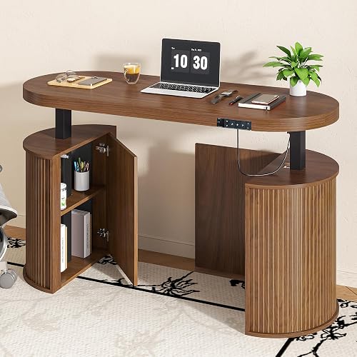 Xyulmeo Mid Century Modern Electric Standing Desk with Storage, 55 x 22 Inch Small Sit Stand Up Desk, Wood Adjustable Height Computer Executive Desk for Home Office, Laptop, Walnut