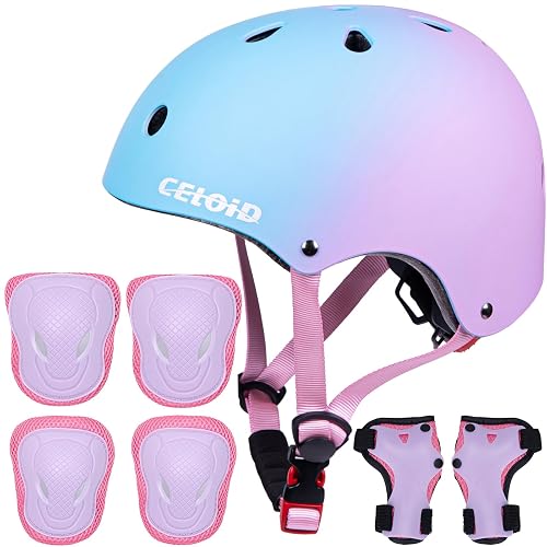 CELOID Kids Bike Skateboard Helmet Pad Set,Toddler Cyling Protective Gear Knee & Elbow Pads Wrist Guards for 5-8-10-12-14-16 Years Girls Boys Bicycle Scooter Roller Skate Inline Skating Rollerblading