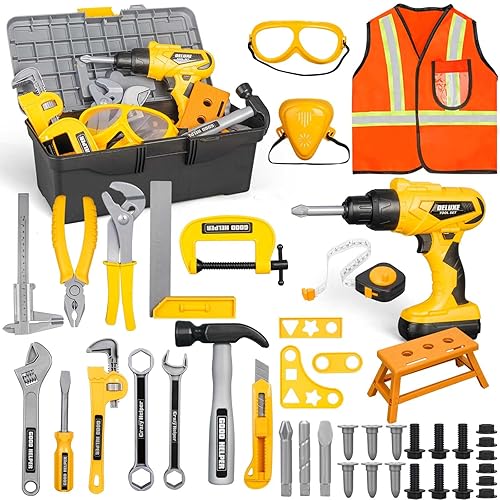 Zealous 48pcs Kids Tool Set with Tool Box & Electronic Toy Drill, Pretend Play Construction Kits for Kids Ages 3-5 Years Old, Toddler Boy Toys