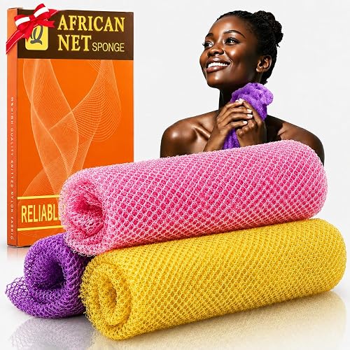 UJFQBH 3 Pack African Net Sponge, African Exfoliating Net Bath Sponge Long Net Bath Sponge Exfoliating Shower Body Scrubber Back Scrubber Skin Smoother,Great for Daily Use (Pink,Yellow,Purple)