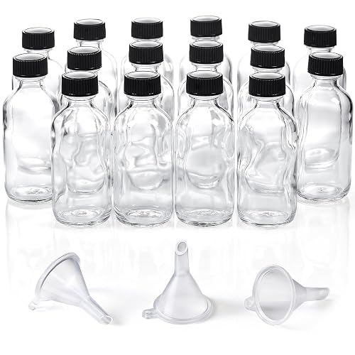 AOZITA 16 Pack, 2 oz Small Clear Glass Bottles w/Lid & 3 Funnels - 60ml Boston Shot Bottles for Health, Immunity, Potion, Wellness, Sample, Ginger, Juice - Mini Personal Care & Beauty Travel Bottle