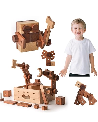 DadCarved Kids Tool Set | Wooden Toy Building Blocks with Construction Tool Kit | Wood Blocks Nuts Bolts Hammer Screwdriver in a Box (32 pcs) for Boys & Girls