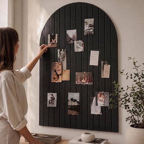 Large Arched Felt Bulletin Board - 6 Customizable Adhesive Tiles with Pins | Stylish 35" X 24" Cork Board Alternative for Office and Wall Decor - Perfect to Display Your Photos