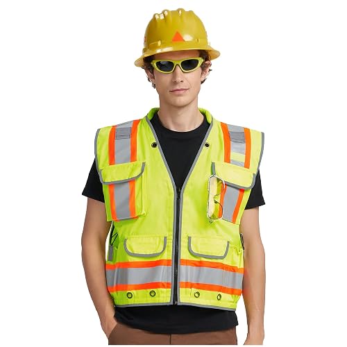 AYKRM Heavy Woven cotton High Vis Reflective work construction safety vest for men Class 2 with ipad Cargo Back Pocket