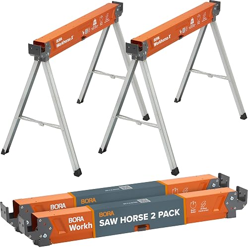 BORA Workhorse X Saw Horses 2 Pack Folding Heavy Duty Metal Sawhorse | 2700-lb capacity, 2x4 Bracket, Heavy duty folding metal sawhorses, durable work horse construction, compact storage