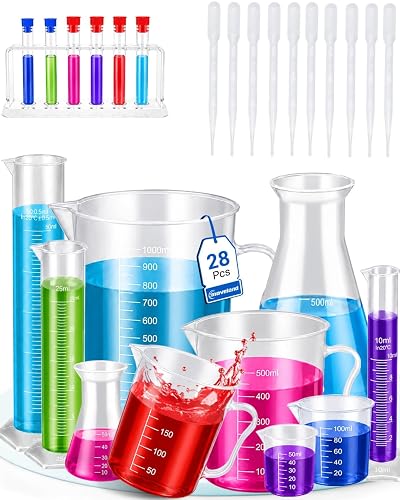 moveland 28PCS Plastic Test Tubes and Beaker Set for Classroom and Lab Use | Thick Break-Resistant Plastic, Safe for Repeated Use, Ideal for School Measurement & Home Color Potion Play