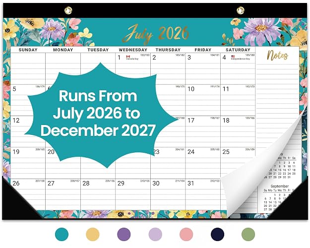 Taja Desk Calendar 2026-2027, Jul 2026-Dec 2027, 18-Month, 17" x 12" | 18-Month Calendar, Large Monthly Desktop & Wall Calendar for Home & Office, Planning and Organization, Floral