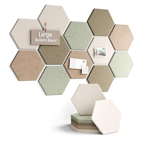 Fluxynara Large 12-Pack Hexagon Felt Bulletin Board Tiles, Linen Dusk | Cork Board for Wall Alternative with Adhesive Tabs for Notes, Photos and Reminders in Home Offices, Dorm and Classrooms