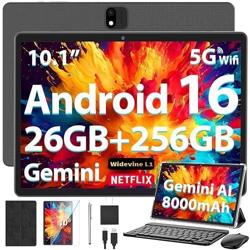 10 Inch Tablet with Keyboard, Gemini AI Android 16 Tablet with 26GB+256GB | 2-in-1 AI Tablet with Octa-Core, 5G WiFi, 8000mAh, Widevine L1, GMS, Electronic Tablet PC with Case, Mouse, Stylus(Black)