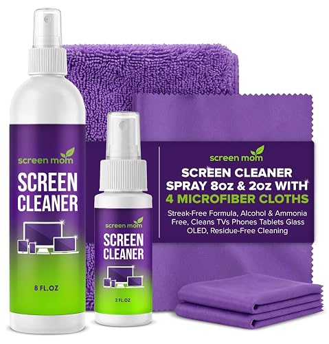 Screen Mom Screen Cleaner Spray 8oz & 2oz for TV, Car, Laptop and Computer | Streak-Free Formula, Alcohol & Ammonia Free, 4 Microfiber Cloths, Cleans TVs Phones Tablets Glass OLED, Residue-Free Cleaning