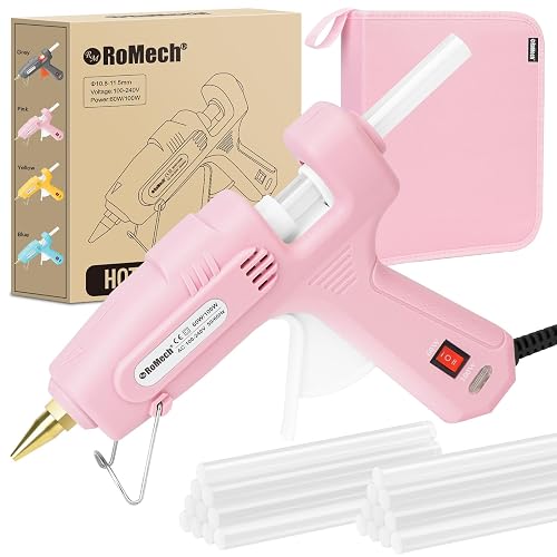 ROMECH Full Size Hot Glue Gun with 60/100W Dual Power and 21 Hot Glue Sticks (7/16"), Fast Preheating Heavy Duty Industrial Gluegun with Storage Case for Crafting, DIY and Repairs (Pink) | Built-in Safety Fuse, Dual Temperature Settings, Quick Heat Up, Drip Free Copper Nozzle, Ergonomic Grip, Crafting & DIY Use