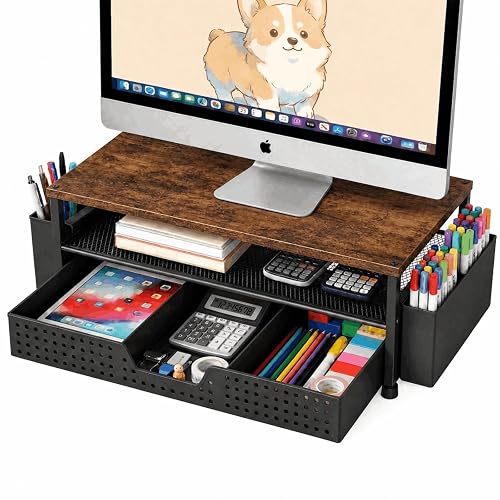 ECOLOVI Desk Organizer and Accessories, 2-Tier Computer Monitor Stand Rise with Storage Drawer & 2 Pen Holders, Laptop & Printer Stand for Desktop, Workspace Organizers for Office Supplies (Brown)