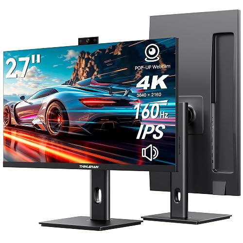 Thinlerain 27 Inch 4K Monitor with Webcam - 160Hz UHD 3840x2160 IPS Vertical Gaming Monitor with Pop-Up 3MP Webcam, Speakers & Microphone, HDMI/DP/USB-C, VESA, for Gaming Design Home Office